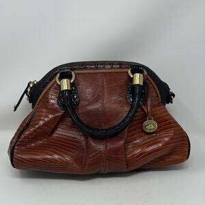 Brahmin Lisa Satchel Bag Cognac Tri-Texture Croc Lizard Brown Gold Tone